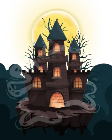 Happy Halloween Trick Or Treat Poster For Invitation Illustration Halloween Night Poster Castle Moon Fog Die Tree Hill Cliff For Designer Create Banner Or Web Page Illustration