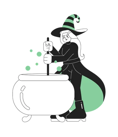Happy Halloween Witch Monochrome Concept Vector Spot Illustration Wicked Witch Cauldron 2 D Flat Bw Cartoon Character For Web UI Design Brewing Magic Potion Isolated Editable Hand Drawn Hero Image Illustration