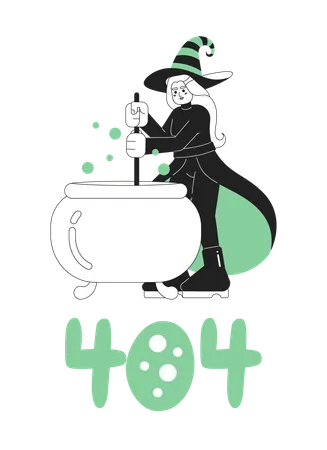 Happy Halloween Witch Black White Error 404 Flash Message Wicked Witch Cauldron Monochrome Empty State Ui Design Page Not Found Popup Cartoon Image Vector Flat Outline Illustration Concept Illustration