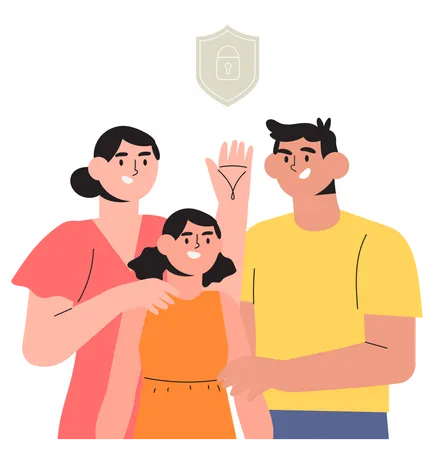 Happy Healthy Family Stay At Home Protect Yourself And Your Relatives Insurance Concept Mother Father And Daughter Spend Time Together In Their Safe House Illustration
