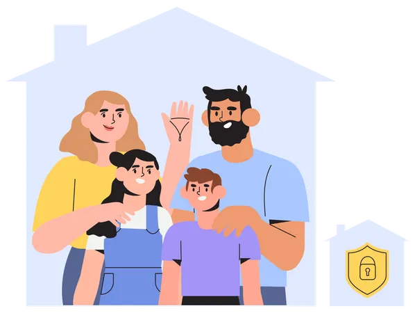 Happy Healthy Family Stay At Home Smart Home Security System Or Insurance Concept Mother Father And Daughter Spend Time Together In Their House Illustration