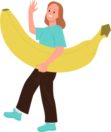 Young Happy Healthy Woman Cartoon Character Carrying Giant Ripe Banana Fruit Waving Hand Vector Illustration Isolated On White Background Cheerful Female Snacking Natural Organic Food At Lunchtime Illustration
