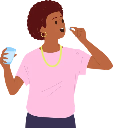 Happy healthy woman taking vitamin pills drinking water  Illustration