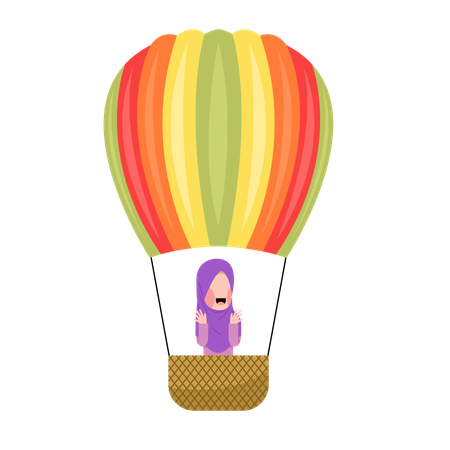 Happy hijab girl Riding Hot Air Balloon  Illustration