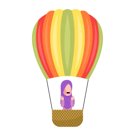 Happy hijab girl Riding Hot Air Balloon  Illustration