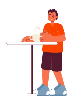 Happy Hispanic Man In Cafeteria Semi Flat Color Vector Character Meeting Drinking Hot Coffee Editable Full Body Person On White Simple Cartoon Spot Illustration For Web Graphic Design Illustration