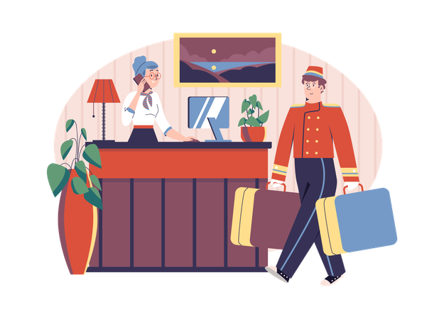 Happy hotel receptionist are waiting at counter in lobby  Illustration