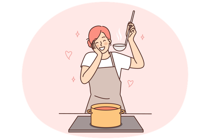 Happy housewife woman cooks soup standing at stove with saucepan and tastes after adding spices  Illustration