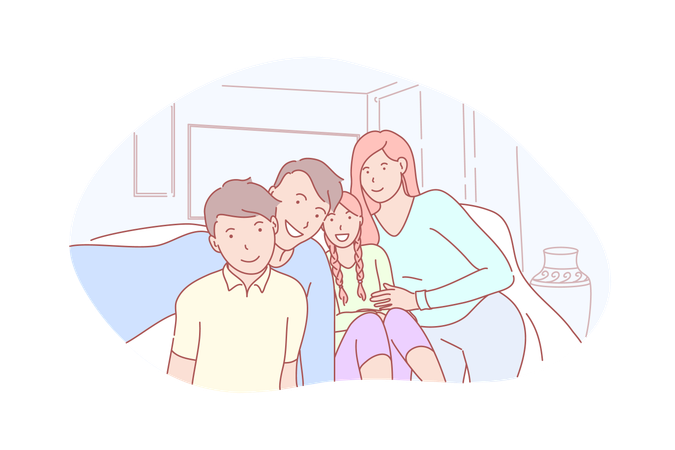 Happy husband and wife taking selfie picture with their son and daughter  Illustration