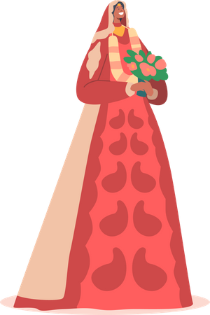 Happy Indian Bride in Long Red Dress with Bouquet Illustration