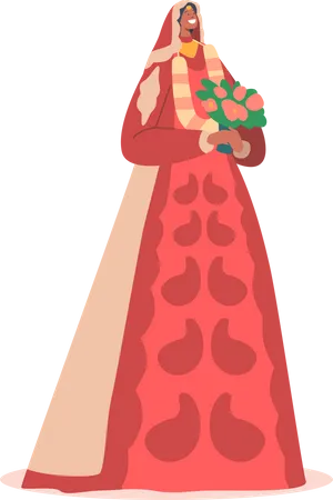 Happy Indian Bride in Long Red Dress with Bouquet Illustration