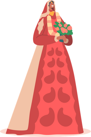 Happy Indian Bride in Long Red Dress with Bouquet  Illustration