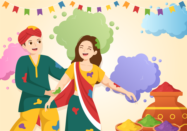 Happy indian couple celebrate Holi  Illustration
