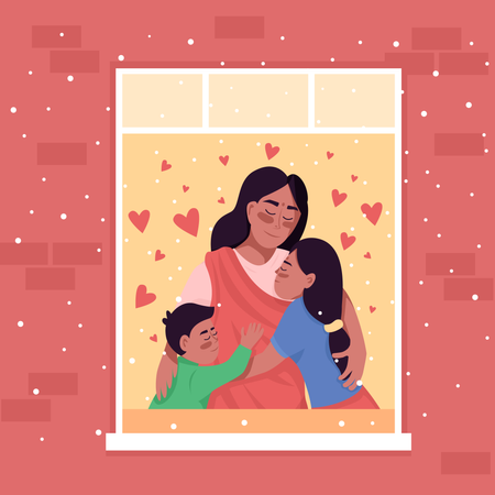 Happy family standing in home window Illustration