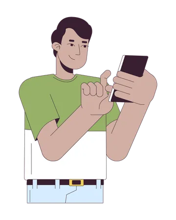 Happy Indian Man Touching Phone 2 D Linear Cartoon Character South Asian Male Using Smartphone Isolated Line Vector Person White Background Guy On Cellphone Texting Color Flat Spot Illustration Illustration