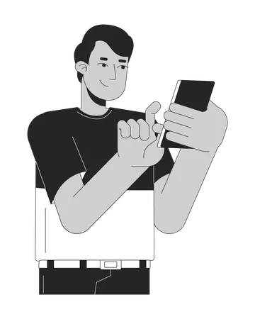 Happy Indian Man Touching Phone Black And White 2 D Line Cartoon Character South Asian Male Using Smartphone Isolated Vector Outline Person Guy On Cellphone Monochromatic Flat Spot Illustration Illustration