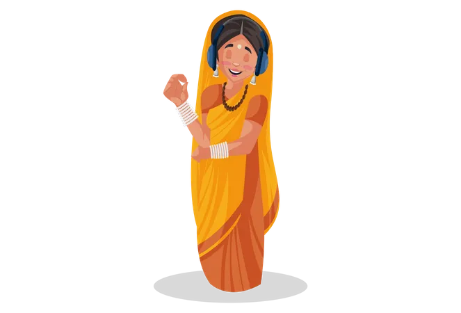 Happy Indian priestess listening to music with headphones Illustration