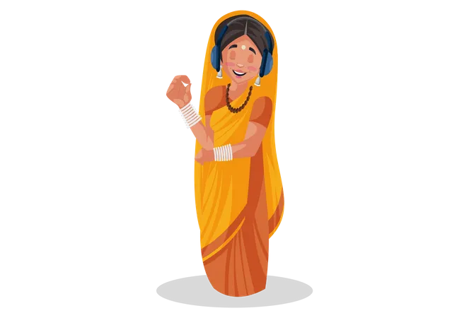 Happy Indian priestess listening to music with headphones  Illustration