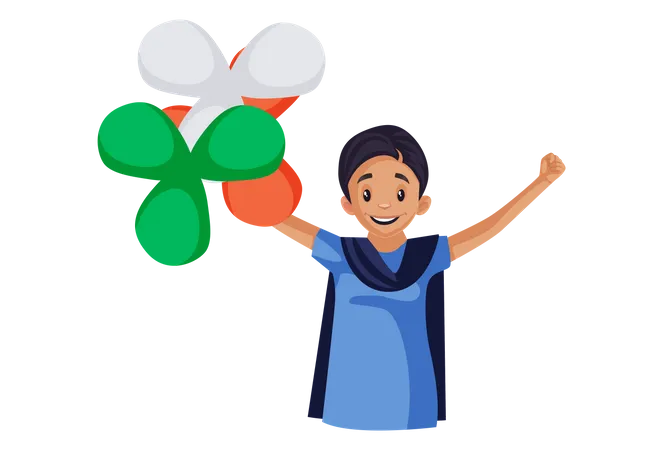 Happy Indian woman holding balloons in hands  Illustration