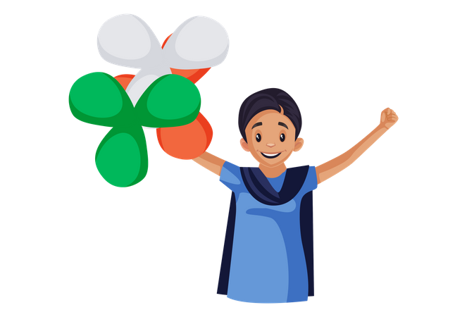 Happy Indian woman holding balloons in hands  Illustration