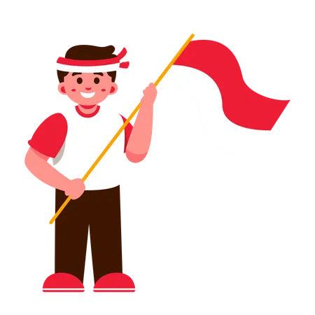 Illustration Of A Smiling Boy Holding A Red And White Indonesia Flag Wearing A Headband And Red Shoes Illustration
