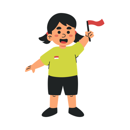 国旗を振って喜ぶインドネシアの子供  イラスト