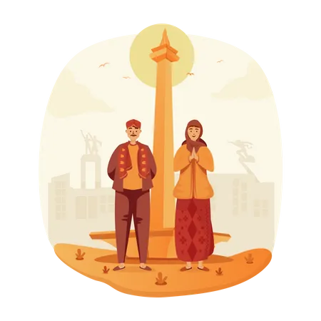 Jakarta Anniversary With Couple Wearing Batavia Culture And Monas Background Flat Illustration Illustration