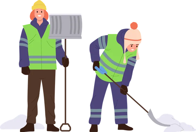 Happy janitors cleaning street from snow together using shovel  Illustration