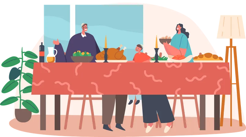 Happy Jewish Family Having Dinner Illustration