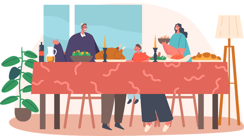 Happy Jewish Family Having Dinner  Illustration