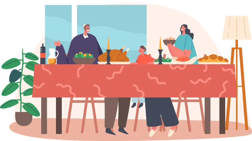 Happy Jewish Family Having Dinner  Illustration