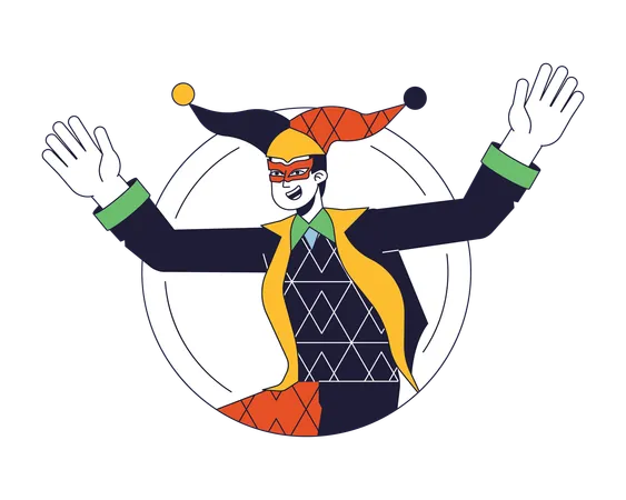 Happy Joker Having Fun Flat Line Color Vector Character Man In Masquarade Costume Hat With Bells Editable Outline Half Body Person On White Simple Cartoon Spot Illustration For Web Graphic Design Illustration