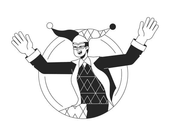 Happy Joker Having Fun Flat Line Black White Vector Character Man In Costume Hat With Bells Editable Outline Half Body Person Simple Cartoon Isolated Spot Illustration For Web Graphic Design Illustration