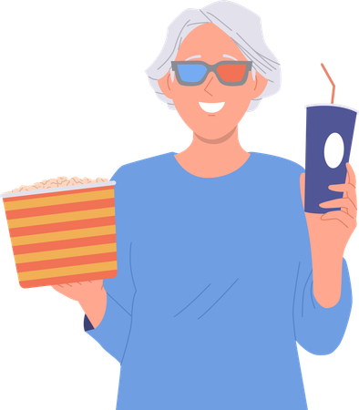 Happy joyful elderly woman cinema film spectator  eating sweet popcorn snack  Illustration