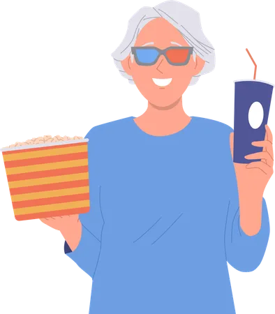 Happy joyful elderly woman cinema film spectator  eating sweet popcorn snack  Illustration