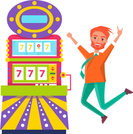Man Jumping Of Happiness Vector Isolated Redhead Male Winning Money In Casino Slot Machine With Lucky Sevens Gambling Chance Of Gambler Gesturing Illustration