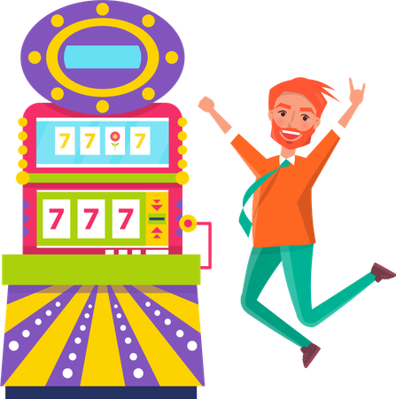 Happy Jumping Man Winner of Money in Slot Machine  イラスト