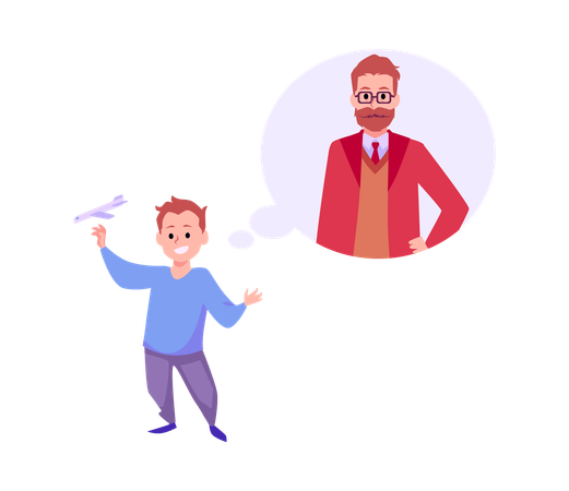 Happy kid boy with plane toy imagines yourself as adult  Illustration