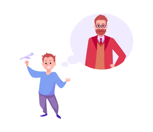 Happy kid boy with plane toy imagines yourself as adult  Illustration