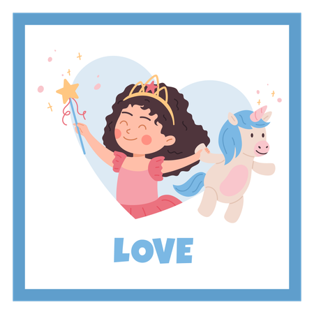 Happy kid girl in princess costume holding unicorn soft toy  Illustration