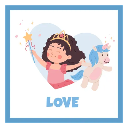 Happy kid girl in princess costume holding unicorn soft toy  Illustration