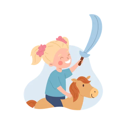 Happy kid girl with saber riding horse toy  Illustration
