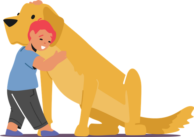 Happy Kid Hug Big Fluffy Dog  Illustration