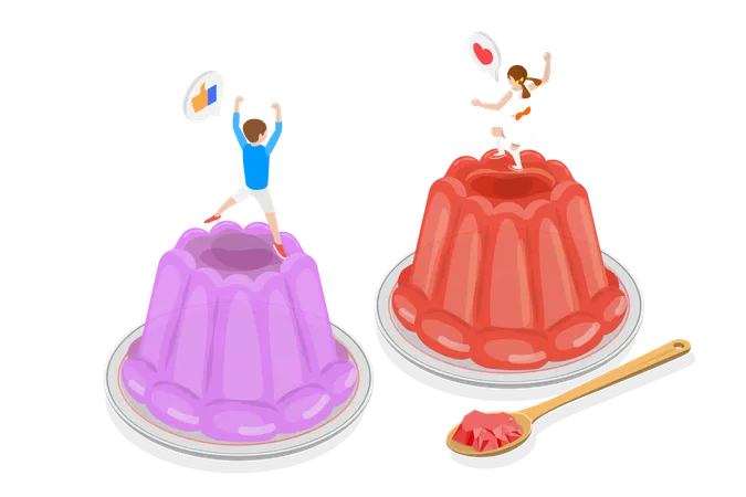 3 D Isometric Flat Vector Conceptual Illustration Of Jelly Happy Kid Jumping On Dessert Illustration