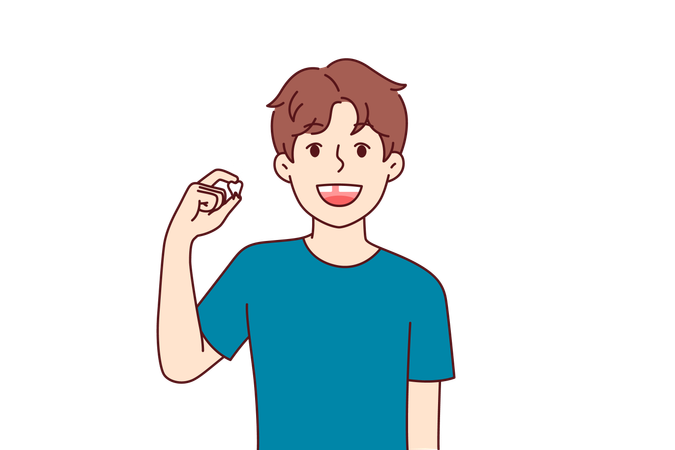 Happy kid showing lost baby tooth and smiles  Illustration
