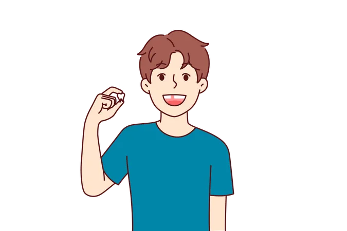 Happy kid showing lost baby tooth and smiles  Illustration