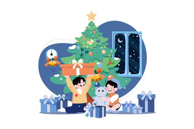 Happy Kid With Christmas Gifts  Illustration
