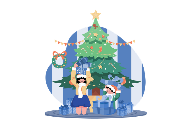 Happy Kid With Christmas Gifts  イラスト