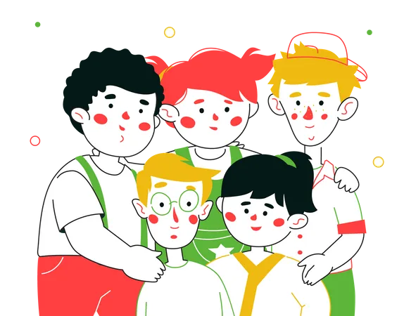 Happy Preschool Children Colorful Line Design Style Illustration With Cartoon Characters Cheerful Three Boys Two Girls Cute Happy Kids Standing Together Posing For A Photo For Memory Illustration