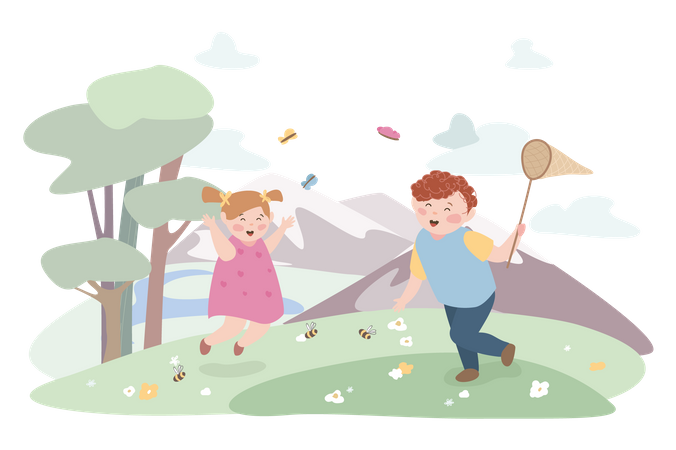 Enfants heureux attrapant des papillons  Illustration